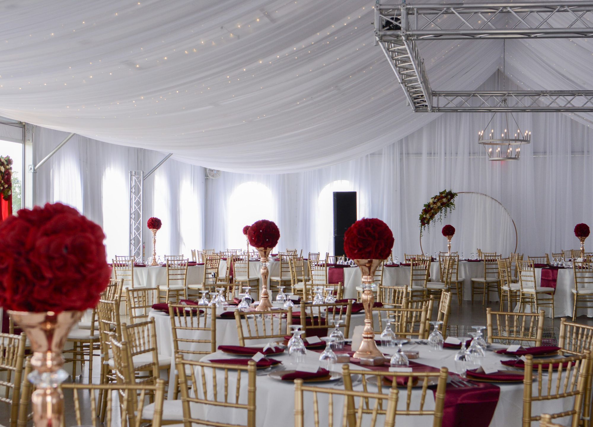Wedding reception with red accents at The Silos